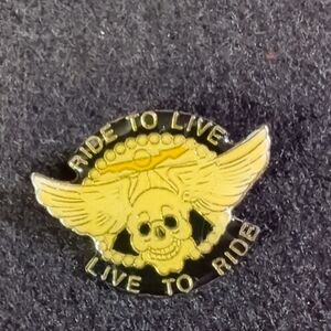 Ride To Live Live To Ride BIKER Lapel Pinback ~ Sunset, Skull, Wings